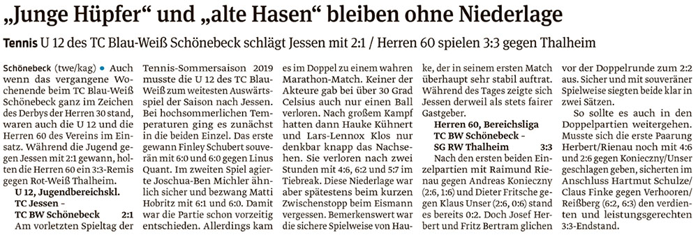 Volksstimmebericht der U12 und Herren 60 vom 20. Juni 2019