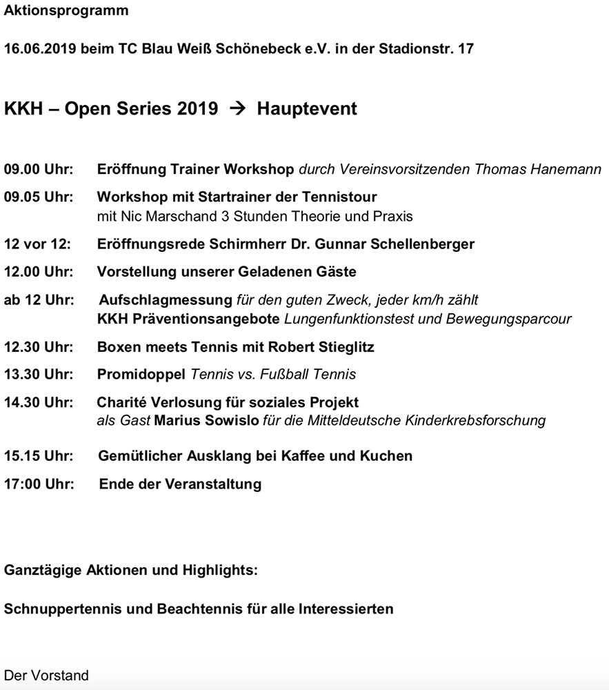 Ablaufplan der KKH Open